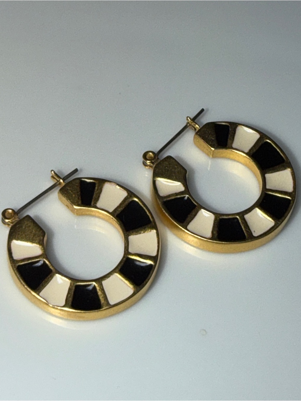 Vintage Gold Plated Black & Ivory Enamel Geometric Block Hoop Earrings